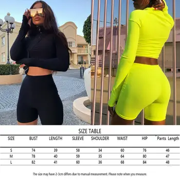 2019 Mujeres 2Pcs Chándal Gire hacia abajo el Cuello de color Verde Fluorescente Sudaderas con capucha de la Sudadera de Yoga Conjuntos de Sportwear Jersey Corto Trajes de Mujer XL