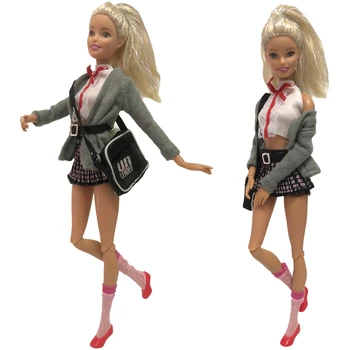NK Un Conjunto Vestido de la Muñeca de la Moda del Uniforme de la Escuela Moderna Atuendo Casual Falda Zapatos Bolsa Para Muñeca Barbie Accesorios de Regalo de Bebé Juguetes DZ