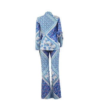 CALIENTE de Lujo de Impresión de la Moda de Oficina de Dos piezas de los Conjuntos de Trajes de las Mujeres Camisa Azul Flare Pants Plus Tamaño 2XL Africano Señoras Trajes de 2 Piezas