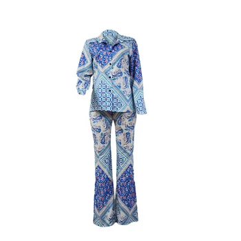 CALIENTE de Lujo de Impresión de la Moda de Oficina de Dos piezas de los Conjuntos de Trajes de las Mujeres Camisa Azul Flare Pants Plus Tamaño 2XL Africano Señoras Trajes de 2 Piezas