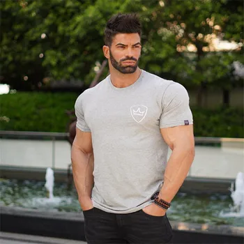 Nuevo Verano para Hombre Gimnasios Casual camiseta de Fitness Culturismo Impresión Apretado de la Moda Masculina de Corta Ropa de Algodón Camiseta Tops 5 de Color