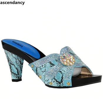 Última Cielo Azul italiano Damas Sexy zapatos de Tacón Alto de las Bombas de la Nueva Llegada diamantes de Imitación Señoras del Diseño de las Bombas de África Sandalia Zapatos para la Fiesta