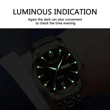 LANGLISHI 2020 de Lujo para Hombre Relojes Luminoso Impermeable de Acero Inoxidable Reloj de Cuarzo de los Hombres de Calendario de la Fecha de Negocios reloj de Pulsera