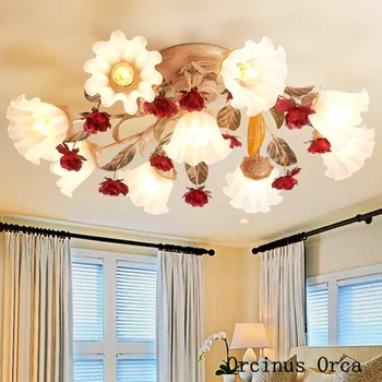 Europea Romántico Rosa Roja de la lámpara de techo Sala de estar Sala de estar Dormitorio coreano Pastoral Creativa Flor-LED lámpara de techo