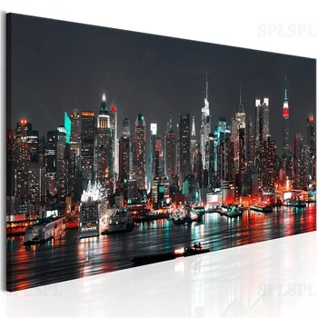 NUEVA YORK de Noche Escena de Afiches Impresiones de Edificios de gran altura de la Pared de Arte de la Ciudad Vista de Noche de la Pintura en tela, Dibujos para Vivir Decoración de la Habitación
