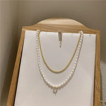 AOMU 2021 Año Nuevo Temperamento Natural de la Perla de Circón Colgante de Corazón de Oro de Color de Metal Collar De Mujer Accesorios de la Joyería del Partido