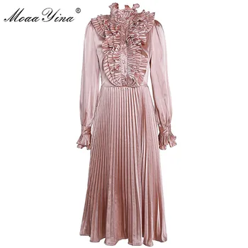 MoaaYina Diseñador de Moda vestido de Primavera, el Otoño de las Mujeres del Vestido de manga Larga de Volantes Slim Elegante Plisado Vestidos de