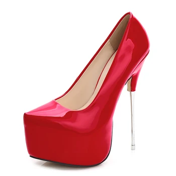Odinokov Mujer 16CM Negro Rojo zapatos de Tacón Alto de Cuero de Patente de Fiesta de la Boda Zapatos de Plataforma Bombas