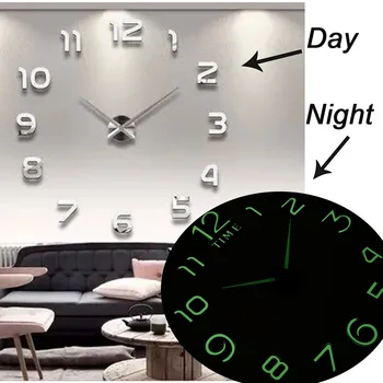 Nueva, Luminosa Relojes de Pared de Gran tamaño reloj Reloj Horloge 3D DIY Acrílico Espejo Pegatinas de Cuarzo Duvar Saat Klock Moderno silencio