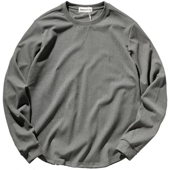 2020 Otoño de Color Sólido de manga Larga T-shirt de tocar Fondo Camisa para los Hombres de Puro Algodón Lavada de Edad Cómodo Slim O-cuello de la camiseta