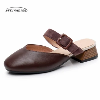 Las mujeres de Cuero genuino de verano Sandalias planas de los zapatos hechos a mano de color beige oxford zapatillas vintage de pies Cuadrados de estilo Británico zapatos de 2020