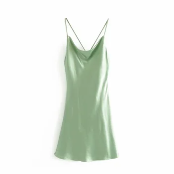 2019 otoño de nuevo el comercio exterior de las mujeres vestido de simulación de seda de satén brillo Matcha green espalda abierta de liga Mini Vestido