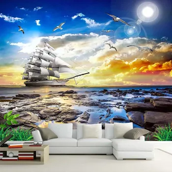 Fotos personalizados de Papel de Pared 3D con Vista al Mar Gaviota Velero Amanecer de la Pintura de Paisaje al Sofá de la Sala Dormitorio Mural De Parede 3D