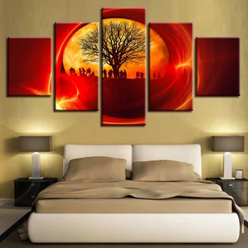 Modular de Pintura en tela, Arte de Pared de 5 Piezas Árbol Y el Soldado del Sol Rojo Paisaje Abstracto Imágenes HD de Impresión de la Decoración Para la Sala de estar