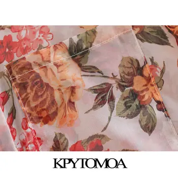 KPYTOMOA Mujeres 2020 Moda Sexy Transparente de la Impresión Floral de las Blusas Vintage con Cuello de Solapa de Manga Larga Mujer Camisetas Blusa Chic Tops
