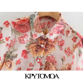 KPYTOMOA Mujeres 2020 Moda Sexy Transparente de la Impresión Floral de las Blusas Vintage con Cuello de Solapa de Manga Larga Mujer Camisetas Blusa Chic Tops