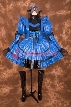 Sexy con llave Azul PVC Sissy Maid Corto Vestido de Traje de Cosplay Uniforme[P007]