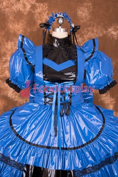 Sexy con llave Azul PVC Sissy Maid Corto Vestido de Traje de Cosplay Uniforme[P007]