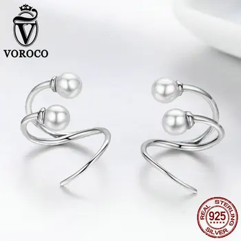 VOROCO Auténtica Plata de ley 925 Stud Aretes de Moda de la Rama de Diseño de Pendientes de Perlas Para la Mujer Amante de la Joyería Pendientes BKE306