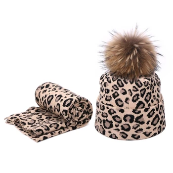 2pcs de Invierno de las Mujeres Pompon Gorro Conjunto de Bufanda de Leopardo Caliente de Piel Sintética Pom Pom