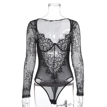 Malla de Encaje transparente Trajes de Cuello V Sexy Body de Mujer 2020 Cuerpo de la Mujer Parte Clubwear Negro Streetwear Peleles Monos GV019