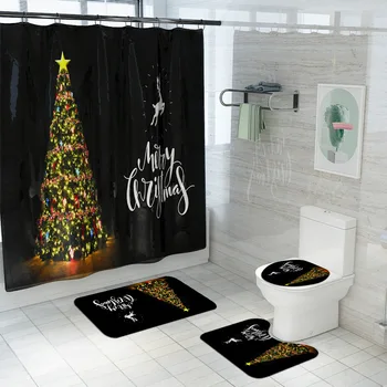 2020 Nuevo Patrón Impermeable Digital en 3D del Árbol de Navidad de la Impresión de la Cortina de Ducha Inodoro Cubierta de alfombra de Baño Antideslizante Alfombra Conjunto