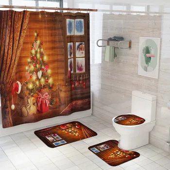 2020 Nuevo Patrón Impermeable Digital en 3D del Árbol de Navidad de la Impresión de la Cortina de Ducha Inodoro Cubierta de alfombra de Baño Antideslizante Alfombra Conjunto