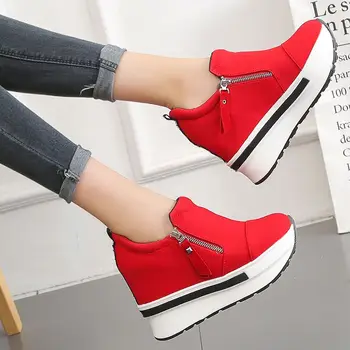 2020 Roja de Mujer Zapatos con Plataforma Oculta de la Altura del Talón Aumento de Lona Casual Cuñas de Zapatos de Mujer Chaussure Femme 9cm Talones de las Zapatillas de deporte