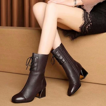 Las mujeres de Tobillo Botas de invierno cálido botas de Mujer de Cuero Artificial de Encaje Hasta Zapatos de tacón Grueso de las Mujeres botas de cuero botas mujer y527