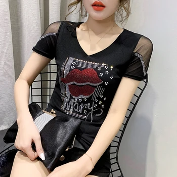 Verano coreano Ropa T-shirt de Moda de Diamantes de Labios de las Mujeres Tops Ropa Mujer de Algodón de Manga Corta de Encaje Sexy Back Camiseta Camiseta Nueva T03804