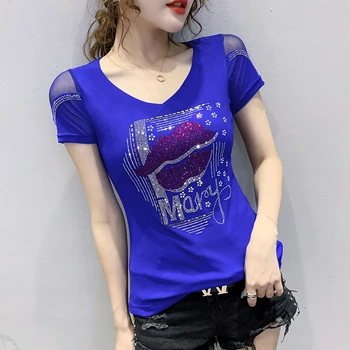 Verano coreano Ropa T-shirt de Moda de Diamantes de Labios de las Mujeres Tops Ropa Mujer de Algodón de Manga Corta de Encaje Sexy Back Camiseta Camiseta Nueva T03804