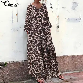 Más el Tamaño de Vestido de las Mujeres del Leopardo de Impresión de Larga Vestido Maxi 2021 Celmia Otoño V-cuello de la Manga de la Llamarada de Casual Plisado Vestidos de Fiesta