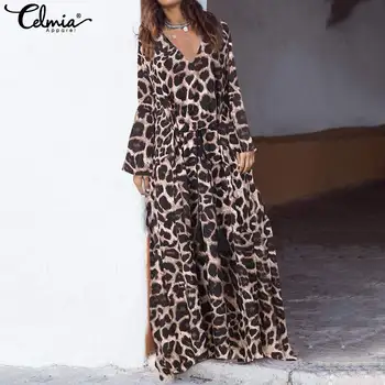 Más el Tamaño de Vestido de las Mujeres del Leopardo de Impresión de Larga Vestido Maxi 2021 Celmia Otoño V-cuello de la Manga de la Llamarada de Casual Plisado Vestidos de Fiesta