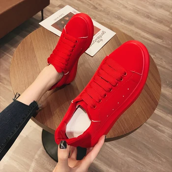 2021 de la Primavera de las Mujeres del Grueso de las Zapatillas de deporte de la Cesta de la Moda Femenina Rojo Rosa Blanco Casual Zapatos de Cuero Mujer de la Plataforma de Vulcanizado Zapatos