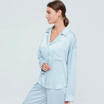 HiLoc 2021 primavera de Satén ropa de dormir de las Mujeres Pijama Hogar Sólido Conjunto de Traje de Mujer Pijamas Suelto Basic Set de Dos piezas Elegante juego de Sala de estar