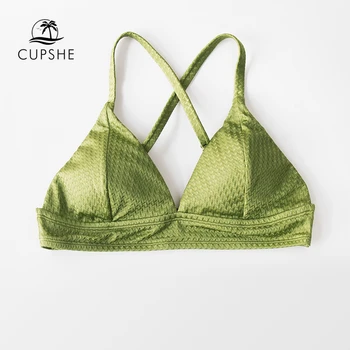 CUPSHE Verde con Textura Triángulo de la parte Superior del Bikini de las Mujeres Sexy Sujetador Acolchado cuello en V de la parte Superior del Tanque de 2021 Niñas trajes de baño Separado Baño Sujetador Superior