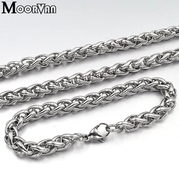 Moorvan 8mm collar+pulsera de conjuntos,fresco,casual, de acero inoxidable de los hombres del trenzado de la cesta de trigo spiga eslabón de la cadena de el hombre de la joyería conjunto VJS07