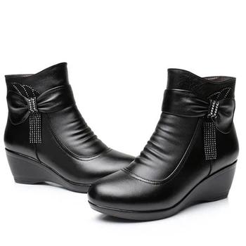 TIMETANG Nueva 2021 Mujeres Botas de mujer de Cuero Genuino Botas de Invierno Cálido de la Felpa de Otoño Zapatos Invierno Zapatos de Cuña de Mujer Botas de Tobillo