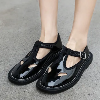 De Cuero Genuino De La Mujer De Mary Janes Zapatos De La Marca Del Diseñador De Negro Zapatos De Las Niñas Plana Hueco Zapatos De Hebillas De Los Pisos De Las Señoras De Pisos Nuevos