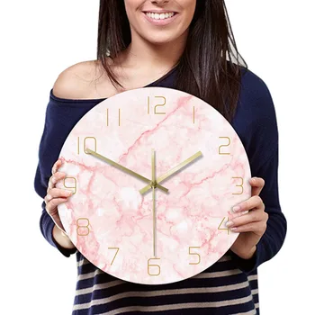 Rosa Creativo De La Ronda De Impresión De Reloj De Pared Natural Minimalista Nórdico Patrón De Mármol De La Pared Reloj Silencioso Movimiento De Barrido Horloge Murale