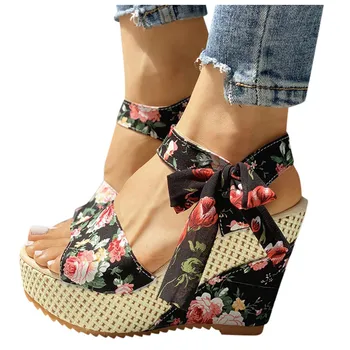 Las mujeres de Verano Sandalias de Flores Arco de Espesor en el Fondo de Aguas Bohemio de Tacón Alto Sandalias de Moda de Encaje Abierta de Dedo de la Dama Zapatos de Cuña