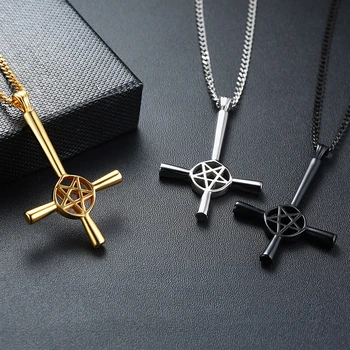 Pentagrama Invertido Cruz Collar Para Hombre Símbolo Satánico Colgante De Acero Inoxidable Al Revés Lucifer Satanás Joyería