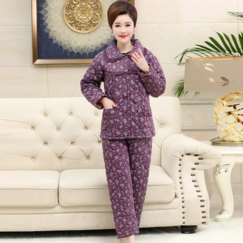 Tres Capas de Acolchado de la Mujer, Pijamas Conjunto de Pequeñas Flores Turndown Collar Espesar de punto de Algodón ropa de hogar Púrpura ropa Casual Para Mujeres