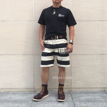 BOB DONG Prisionero de la Vendimia del Estilo de 22138 de Impresión Cortos de 16 oz de la Motocicleta de Rayas de los Pantalones