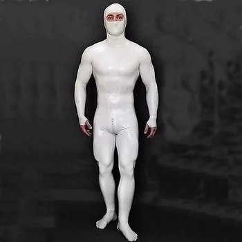 Traje de látex de Goma de la Moda de Hombre Blanco de cuerpo Completo Ajustada Con Capucha Talla XXS~XXL