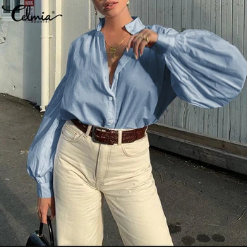 Celmia Mujeres Tops y Blusas 2021 Otoño Larga Bocanada de Moda de Manga Camisetas Casual Suelto Sólido Botones de la Oficina de Damas Blusas S-5XL