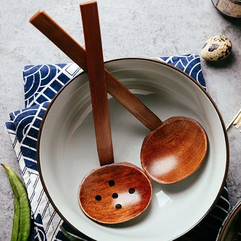 4 Cucharas de Madera de Madera de Grandes Cuchara de Estilo Japonés Ramen Cucharón de la Sopa Cuchara de mango Largo de la Cocina Colador Cuchara de Vajilla