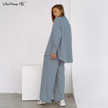 Mnealways18 Vintage Llanura Azul 2 Piezas Conjuntos De Las Mujeres Blusas Sueltas Y Ancho De La Pierna De Los Pantalones De Trabajo De La Oficina De Trajes De Pantalones Conjuntos Femeninos De La Primavera