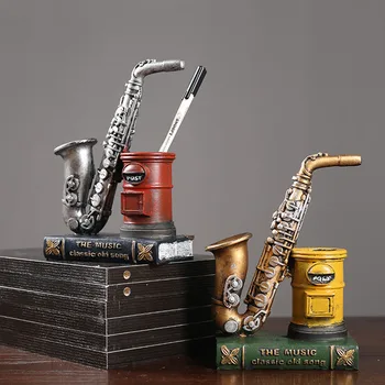 Vintage Saxofón Postbox Sostenedor De La Pluma De La Resina De Figuritas De Decoración Para Casa Creativa Libro De Estudio De La Decoración De La Habitación De Artesanías Regalos