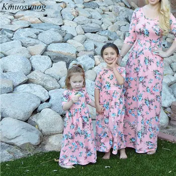 Otoño 2019 Madre e hija de vestidos Florales Largo Vestido de la Madre y la hija de la ropa de Mamá y de mí vestido de Familia coincidir la Ropa C0519